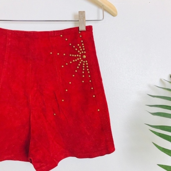 Vtg 80s Firenze Red Suede Leather High Rise Shorts - Picture 6 of 8